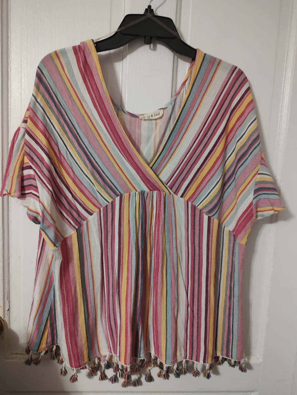 Love& Leaf Striped Tassel-Hem V-Neck Women’s Top - Multicolor